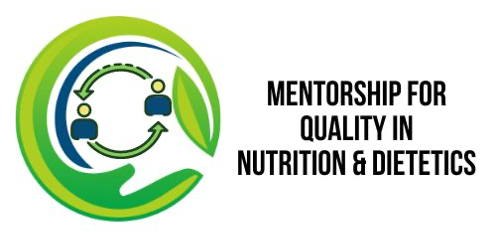 Logo with two circular arrows connecting human icons, symbolizing mentorship and collaboration, surrounded by green and blue leaves for growth and health. Text: "MENTORSHIP FOR QUALITY IN NUTRITION & DIETETICS